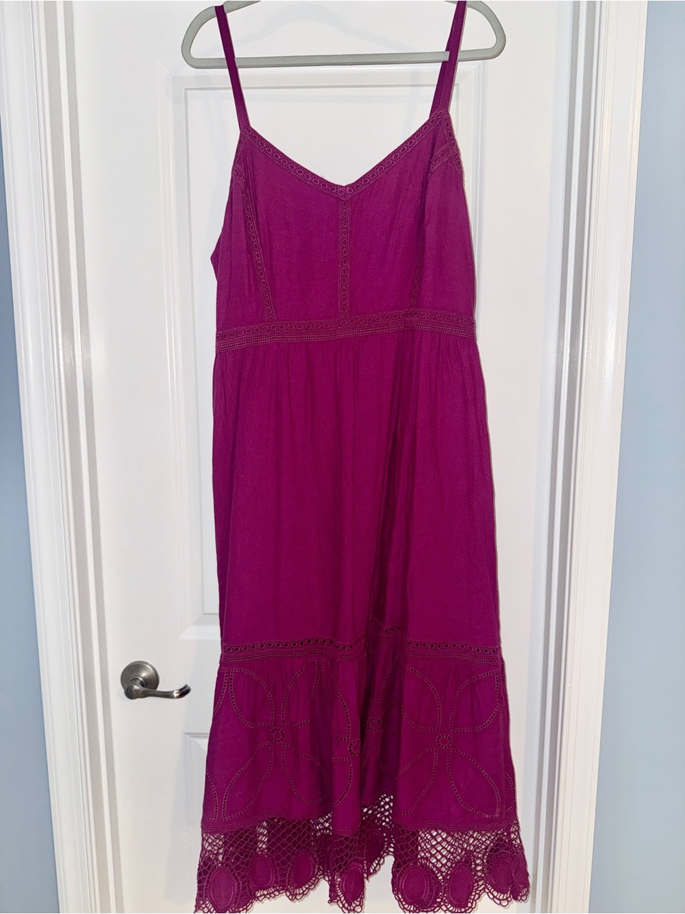LOFT Magenta Spaghetti-Strap Midi Dress with Crochet Trim